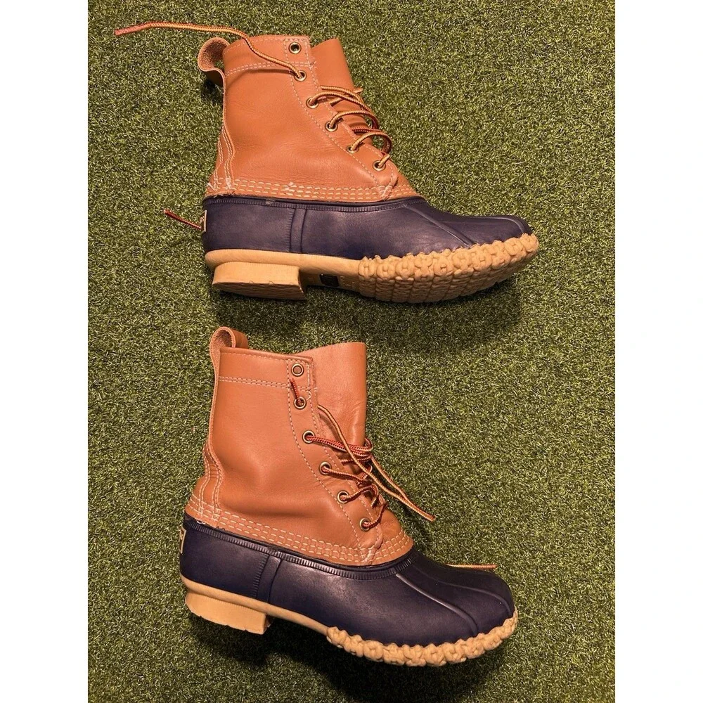 L.L. Bean Duck Boots Womens Size 6 M Tan Navy Blue  8” Leather Rubber USA Preppy